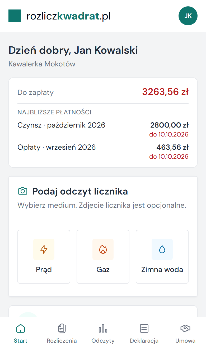 Aplikacja najemcy: ekran startowy